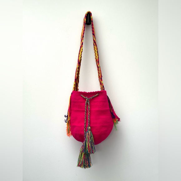 Handbags - Boho Woven Wayuu Mochila Bucket Bag Crossbody Purse Colombian Hot Pink